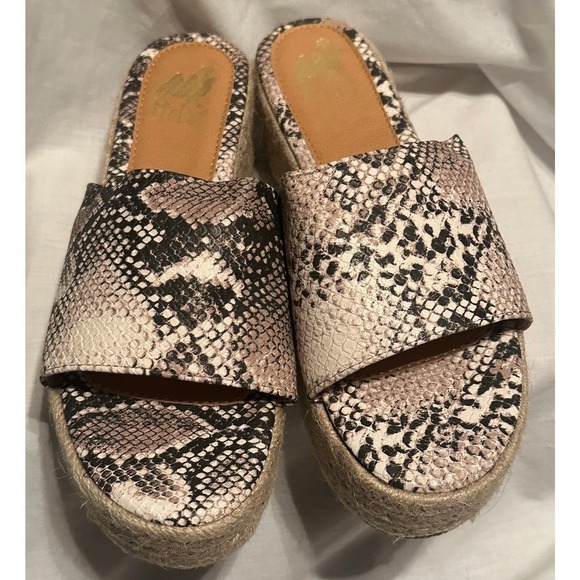 Camel Toes Flatform Espadrille Slide Mules Neutral Faux Snakeskin Sandals - Picture 1 of 14